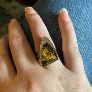 Green Amber sterling silver ring